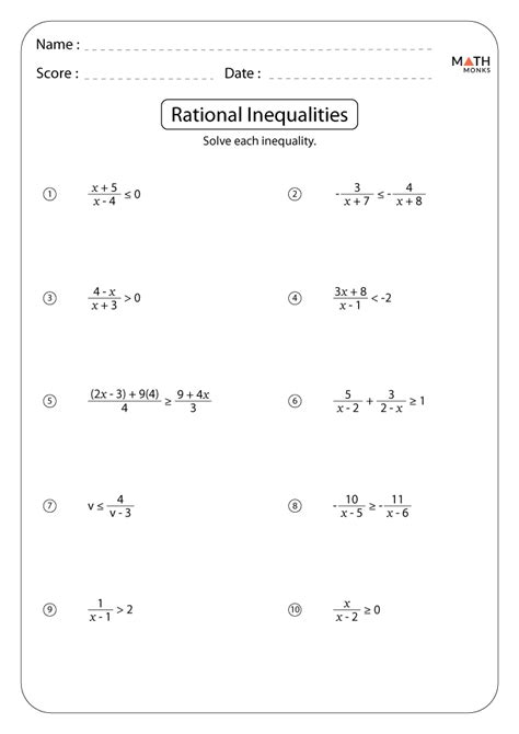 solving rational inequalities worksheet with answers